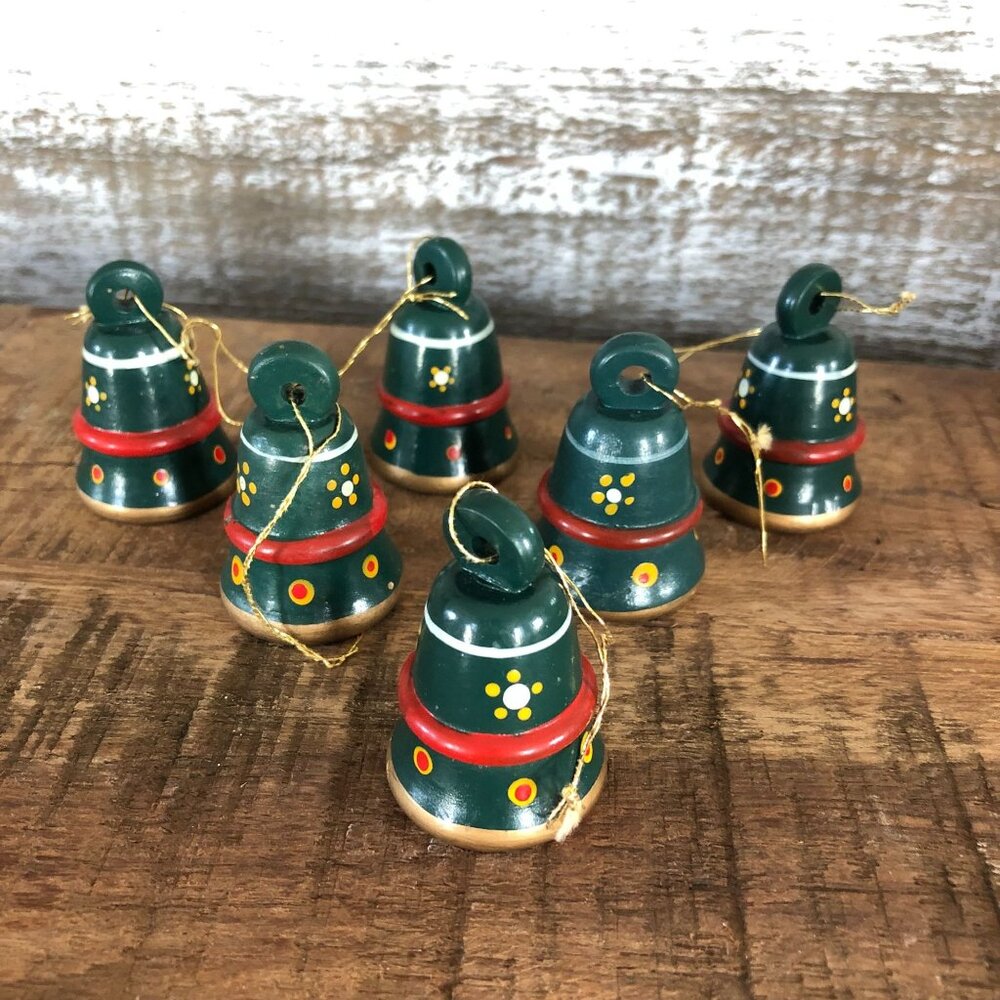 6 Hand Painted Wood Bell Christmas Ornaments Green Vintage Mid Century Rustic